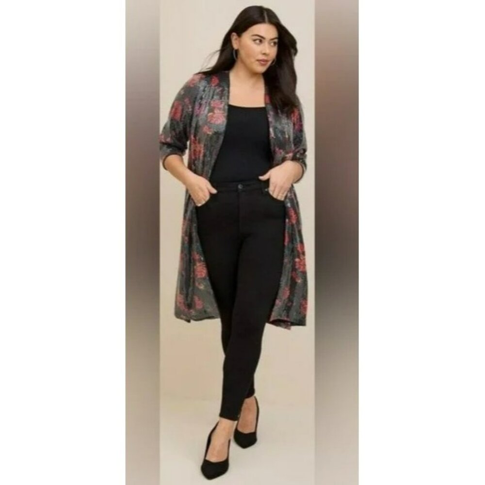 Torrid Floral Sequin Velvet Kimono Jacket 2X Black Open Front NWT Duster Plus